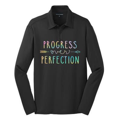 Back To School Progress Over Perfection Motivational Gifts Silk Touch Performance Long Sleeve Polo