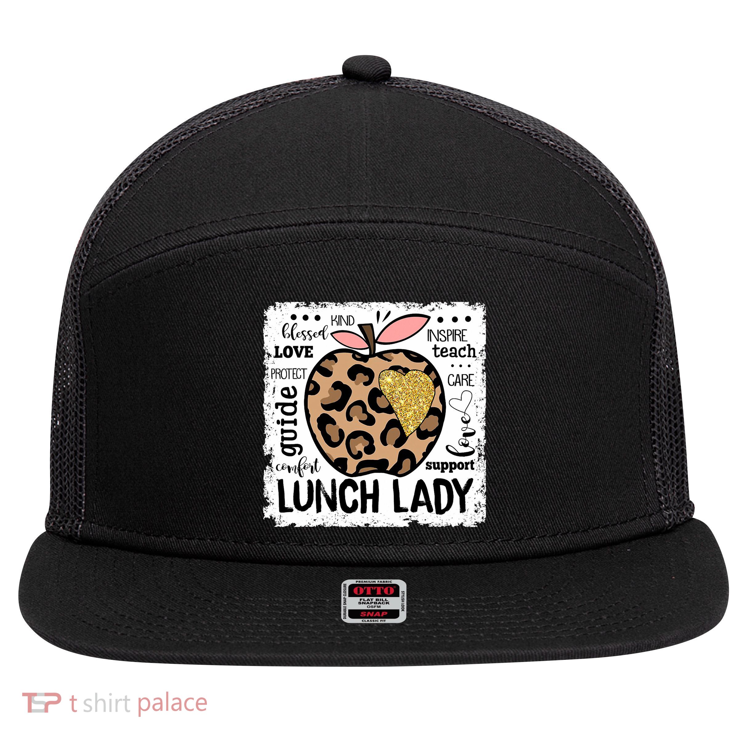 Back To School Teach Love Inspire Lunch Lady 7 Panel Mesh Trucker Snapback Hat