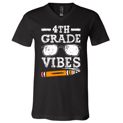 Back To School 4th Grade Vibes Glasses Pencil First Day Teacher V-Neck T-Shirt