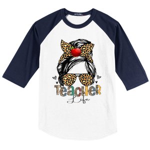 Back To School Teacher Life Messy Bun Leopard Teacher Wo Baseball Sleeve Shirt