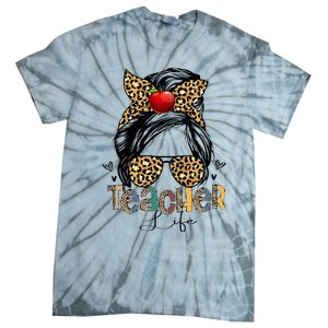 Back To School Teacher Life Messy Bun Leopard Teacher Wo Tie-Dye T-Shirt