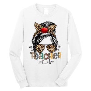 Back To School Teacher Life Messy Bun Leopard Teacher Wo Long Sleeve Shirt