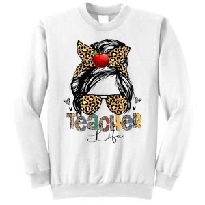 Back To School Teacher Life Messy Bun Leopard Teacher Wo Sweatshirt