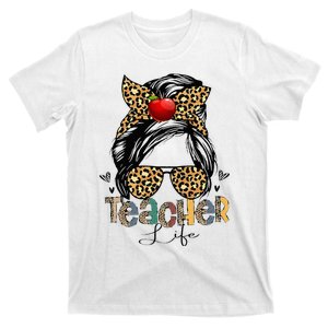 Back To School Teacher Life Messy Bun Leopard Teacher Wo T-Shirt