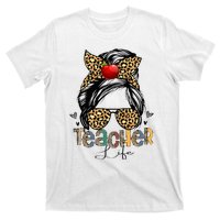 Back To School Teacher Life Messy Bun Leopard Teacher Wo T-Shirt