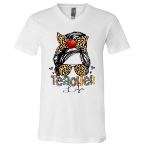 Back To School Teacher Life Messy Bun Leopard Teacher Wo V-Neck T-Shirt