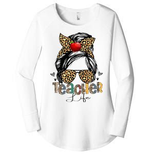 Back To School Teacher Life Messy Bun Leopard Teacher Wo Women's Perfect Tri Tunic Long Sleeve Shirt