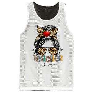 Back To School Teacher Life Messy Bun Leopard Teacher Wo Mesh Reversible Basketball Jersey Tank