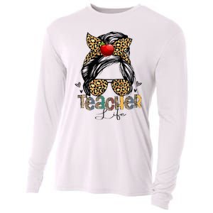 Back To School Teacher Life Messy Bun Leopard Teacher Wo Cooling Performance Long Sleeve Crew