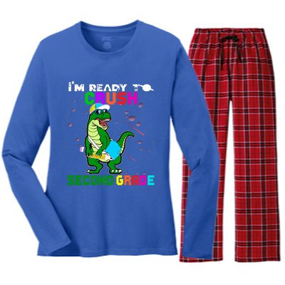 Back To School Dinosaur Im Ready To Crush Second Grade Great Gift Women's Long Sleeve Flannel Pajama Set 