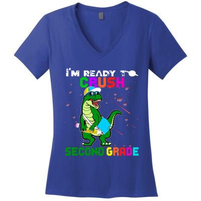 Back To School Dinosaur Im Ready To Crush Second Grade Great Gift Women's V-Neck T-Shirt