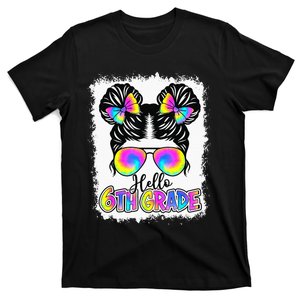 Back To School Hello 6th Grade Cute Messy Bun Tie Dye T-Shirt