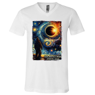 Bigfoot Total Solar Eclipse America Sasquatch Starry Night V-Neck T-Shirt