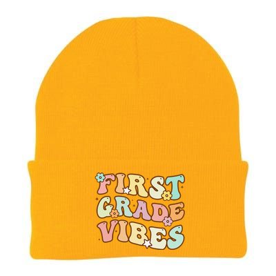 Back To School First Grade Vibes Retro Teacher Women Knit Cap Winter Beanie