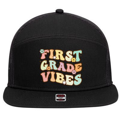 Back To School First Grade Vibes Retro Teacher Women 7 Panel Mesh Trucker Snapback Hat