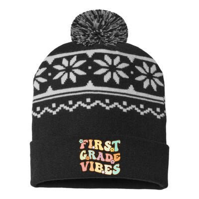 Back To School First Grade Vibes Retro Teacher Women USA-Made Snowflake Beanie