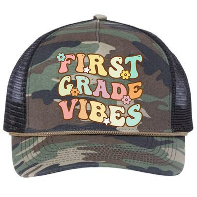 Back To School First Grade Vibes Retro Teacher Women Retro Rope Trucker Hat Cap