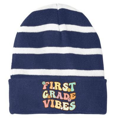 Back To School First Grade Vibes Retro Teacher Women Striped Beanie with Solid Band