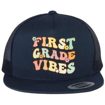 Back To School First Grade Vibes Retro Teacher Women Flat Bill Trucker Hat