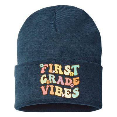 Back To School First Grade Vibes Retro Teacher Women Sustainable Knit Beanie