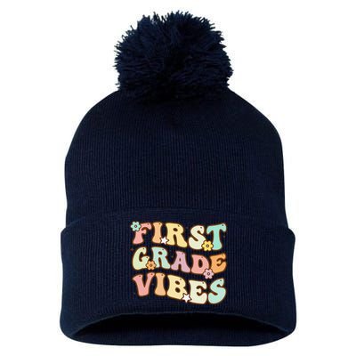 Back To School First Grade Vibes Retro Teacher Women Pom Pom 12in Knit Beanie