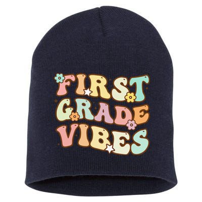 Back To School First Grade Vibes Retro Teacher Women Short Acrylic Beanie