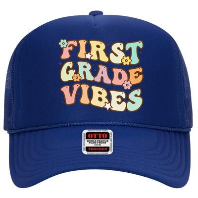 Back To School First Grade Vibes Retro Teacher Women High Crown Mesh Back Trucker Hat