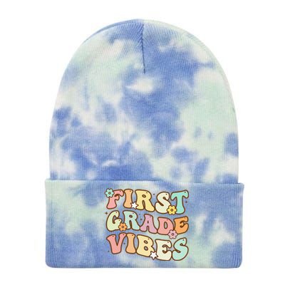 Back To School First Grade Vibes Retro Teacher Women Tie Dye 12in Knit Beanie