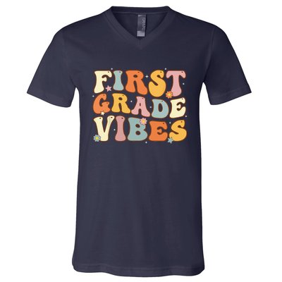 Back To School First Grade Vibes Student Teacher Women V-Neck T-Shirt