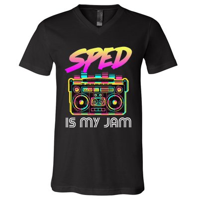 Back To School Retro Sped Is My Jam 80s Teacher Boombox V-Neck T-Shirt