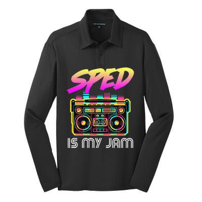 Back To School Retro Sped Is My Jam 80s Teacher Boombox Silk Touch Performance Long Sleeve Polo