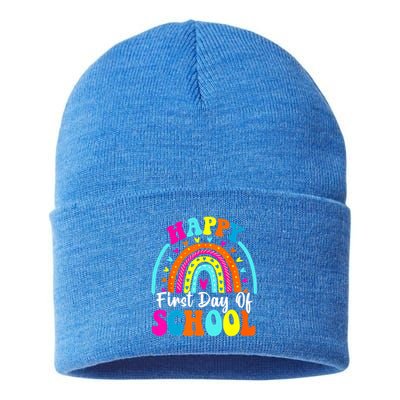 Back To School Funny Happy First Day Of School For Teachers Meaningful Gift Sustainable Knit Beanie