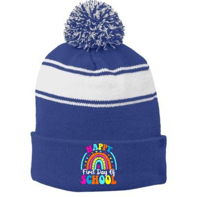 Back To School Funny Happy First Day Of School For Teachers Meaningful Gift Stripe Pom Pom Beanie