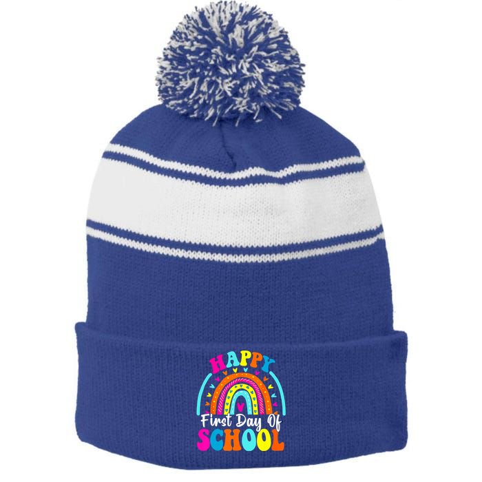 Back To School Funny Happy First Day Of School For Teachers Meaningful Gift Stripe Pom Pom Beanie