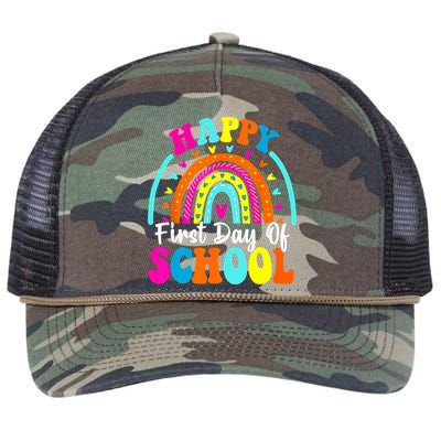 Back To School Funny Happy First Day Of School For Teachers Meaningful Gift Retro Rope Trucker Hat Cap