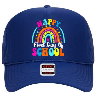 Back To School Funny Happy First Day Of School For Teachers Meaningful Gift High Crown Mesh Back Trucker Hat