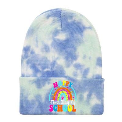 Back To School Funny Happy First Day Of School For Teachers Meaningful Gift Tie Dye 12in Knit Beanie