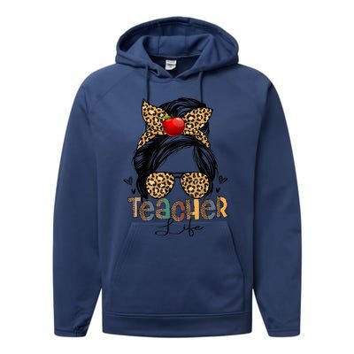 Back To School Teacher Life Messy Bun Leopard Teacher Women Performance Fleece Hoodie