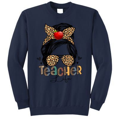 Back To School Teacher Life Messy Bun Leopard Teacher Women Tall Sweatshirt