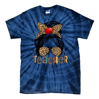 Back To School Teacher Life Messy Bun Leopard Teacher Women Tie-Dye T-Shirt