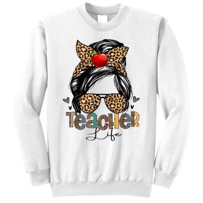 Back To School Teacher Life Messy Bun Leopard Teacher Women Sweatshirt