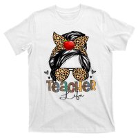 Back To School Teacher Life Messy Bun Leopard Teacher Women T-Shirt