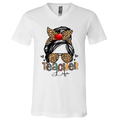 Back To School Teacher Life Messy Bun Leopard Teacher Women V-Neck T-Shirt