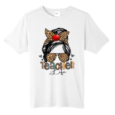 Back To School Teacher Life Messy Bun Leopard Teacher Women Tall Fusion ChromaSoft Performance T-Shirt