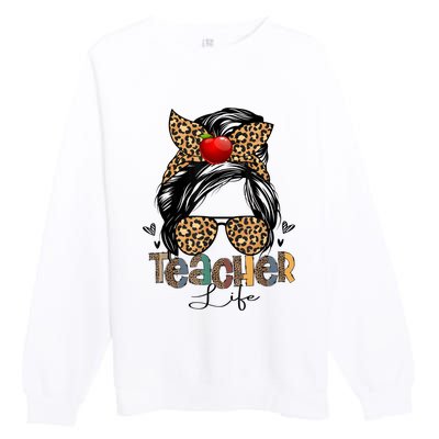 Back To School Teacher Life Messy Bun Leopard Teacher Women Premium Crewneck Sweatshirt