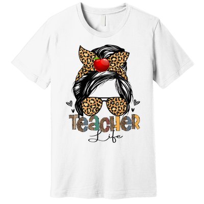 Back To School Teacher Life Messy Bun Leopard Teacher Women Premium T-Shirt