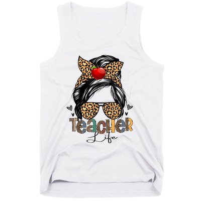 Back To School Teacher Life Messy Bun Leopard Teacher Women Tank Top