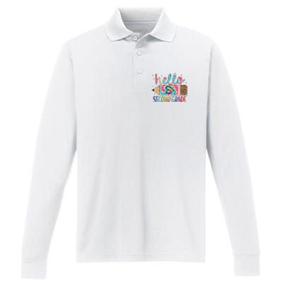 Back To School Hello Second 2nd Grade Leopard Tie Dye Pencil Performance Long Sleeve Polo