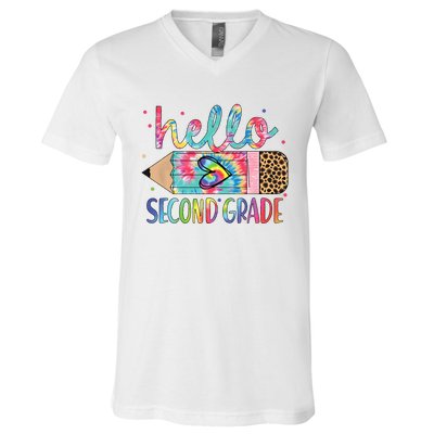 Back To School Hello Second 2nd Grade Leopard Tie Dye Pencil V-Neck T-Shirt