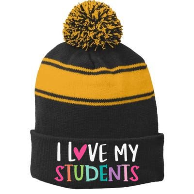 Back To School I Love My Students Teachers Women Stripe Pom Pom Beanie